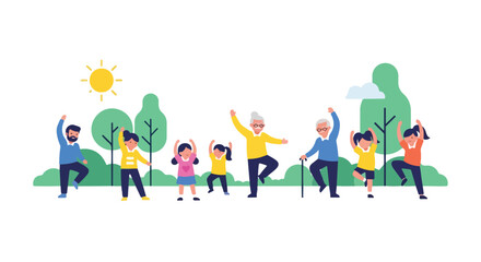 Fototapeta premium Flat illustration of a diverse group of people doing yoga poses outdoors in a park with trees and sunshine conveying a peaceful and active mood.