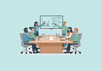 Vector Ilustration Flat Design Business Meeting Presentation with Diverse Team Collaborating Effectively.