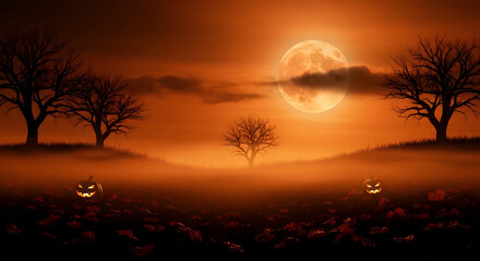 A surreal landscape with a glowing moon and mysterious lights in the distance