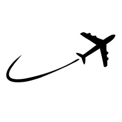 Black airplane with curved flight path travel journey silhouette,Black travel silhouette