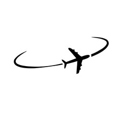 Black airplane with curved flight path travel journey silhouette,Black travel silhouette