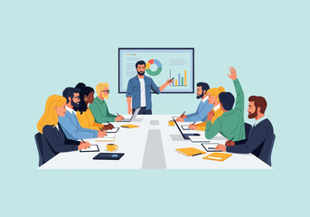 Vector Ilustration Flat Design Business meeting presentation with diverse team collaborating effectively.