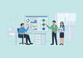 Vector Ilustration Flat Design Business Meeting Presentation with Data Analysis and Strategy Discussion.