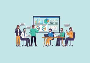 Vector Ilustration Flat Design Business Meeting Presentation with Data Analysis Charts.