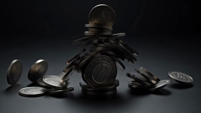 Stack of coins tumbling and scattering across a dark surface, symbolizing financial instability and loss
