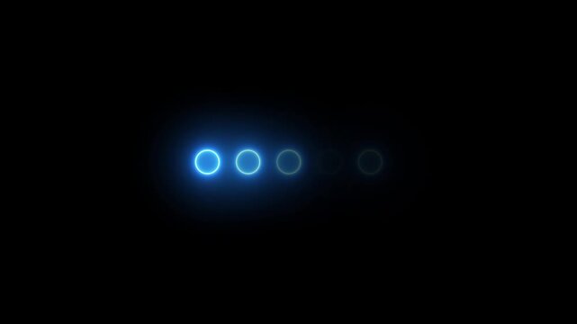 Glowing neon 5 dots blinking preloaded animation isolated on black background