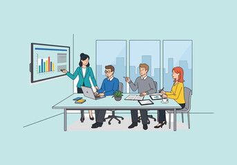 Vector Ilustration Flat Design Business Meeting Presentation with Charts and Team Collaboration.