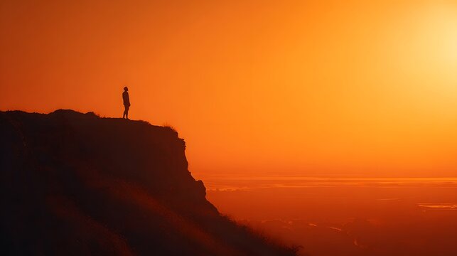 Silhouette of a person standing on a cliff edge overlooking a vibrant orange sunset over the ocean.