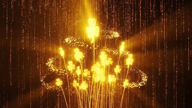 Magical golden shamrocks and four-leaf clovers rising with sparkling particles on a dark background for luck and prosperity concept and festive holidays