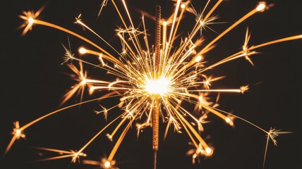 Vibrant sparkler exploding with golden sparks on dark background