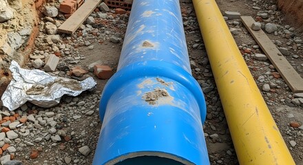 Exposed Construction Pipes with Damaged Blue and Yellow Linings on Rough Ground
