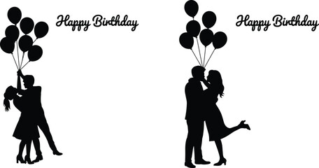 Happy Birthday greeting card silhouette, romantic couple with balloons, love celebration concept, black isolated figures, anniversary party illustration