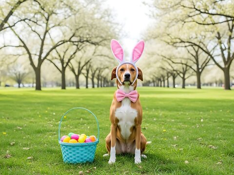 Easter basket fun with dog wearing bunny ears and bow on a green grassy field
