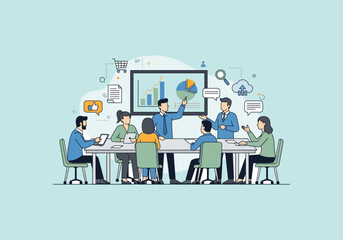 Vector Ilustration Flat Design Business Meeting Presentation Team Collaboration Strategy Discussion.