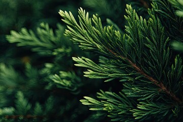 Close-up of green coniferous foliage, dark background, detailed nature image