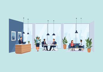 Vector Ilustration Flat Design Business meeting in a modern office with diverse professionals collaborating.