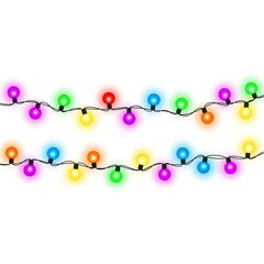 Realistic illustration of hanging multicolored fairy lights with soft glowing halos perfect for celebratory and festive border designs.