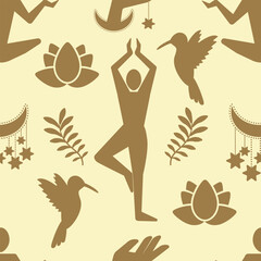 Yoga seamless pattern with tree pose silhouette, hummingbird and lotus © Olena Nikitina