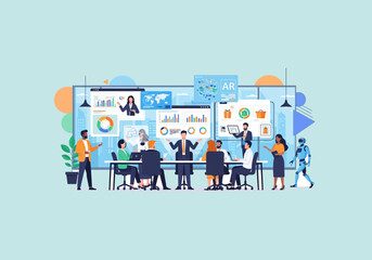Vector Ilustration Flat Design Business meeting with diverse team discussing data on screens.