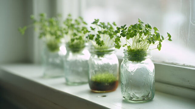 Young microgreen seedlings in reused glass jar planters on sunny windowsill creating fresh indoor herb display