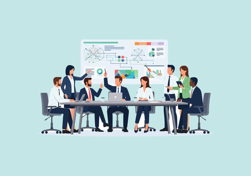 Vector Ilustration Flat Design Business meeting with diverse team collaborating around a table.