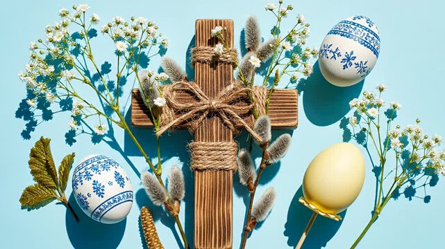 Wooden Easter cross with eggs, pussy willow, baby's breath on blue