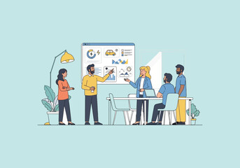 Vector Ilustration Flat Design Business meeting with diverse team presenting data on screen.