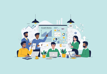 Vector Ilustration Flat Design Business meeting with diverse team analyzing growth charts and data.