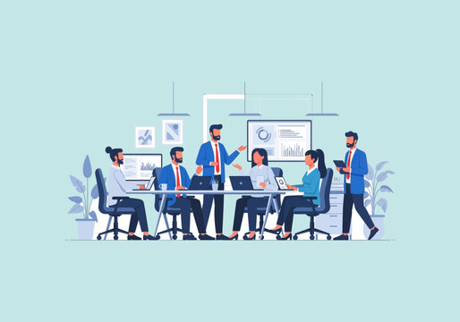 Vector Ilustration Flat Design Business meeting with diverse team collaborating in modern office setting.