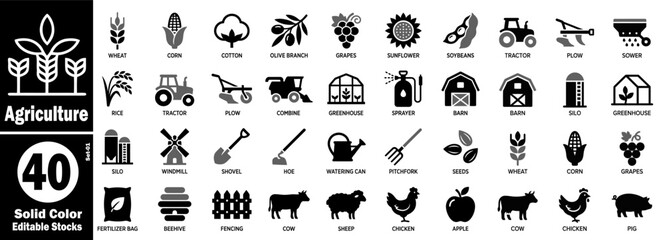 Obraz premium Agriculture solid icons set. Collection of farm and harvest vector editable stock illustration.