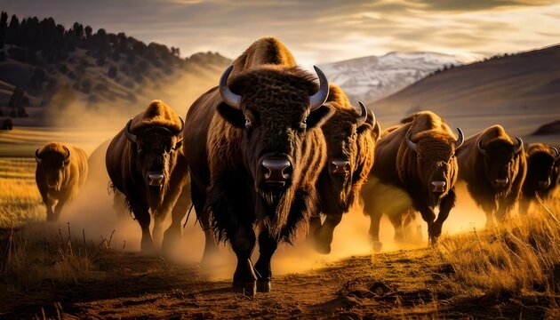 Majestic Bison Herd Roaming Freely Across the Golden Plains at Sunset.