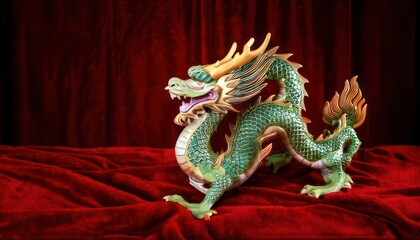 Fototapeta premium Majestic Ceramic Dragon Sculpture on Red Velvet Backdrop.