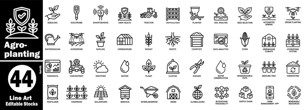 Agro planting icons line art set 01. Smart farming technology and agriculture vector illustration.