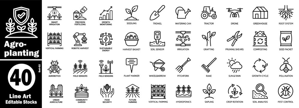 Agro planting line art icons set 02. Smart farming technology and agriculture vector illustration.