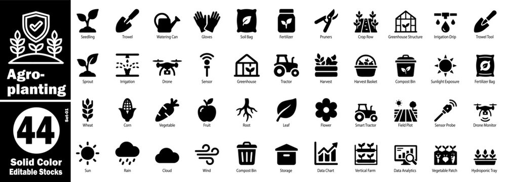 Agro-planting icons set. Solid color editable stocks with transparent background vector illustration.