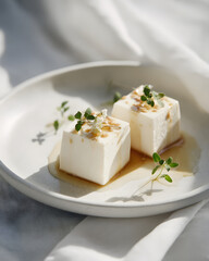 Silky tofu cube with ginger and light soy drizzle, garnished with microgreens and delicate flowers, minimal plate styling in soft natural light