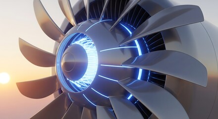 Detailed illustration of a jet engine turbine with glowing blue accents.