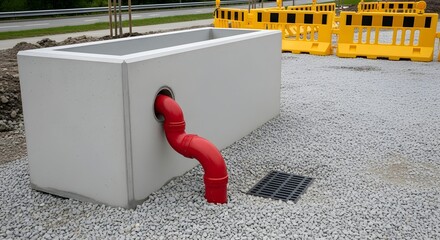 Gray Concrete Drain Box with Red Flexible Pipe and Gravel Base Near Barrier Barrels