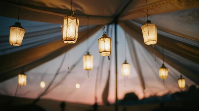 Illuminated lanterns hang from a tent ceiling against a dusky sky