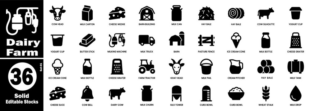 Dairy farm solid icons set for milk production and livestock vector illustration.