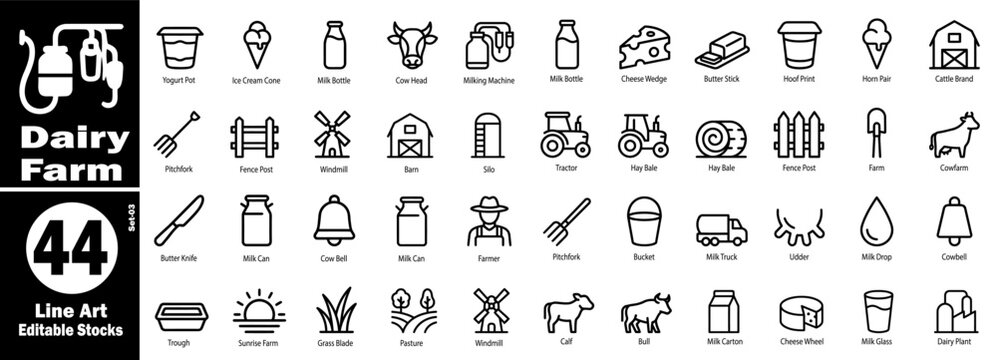 Dairy farm line art editable stock icons set 03, farm products and animals vector illustration.