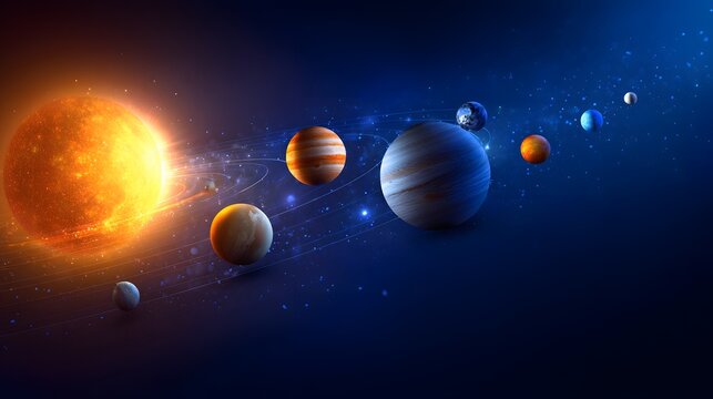 Solar System Planets Orbiting Sun in Deep Space with Stars and Galaxies.