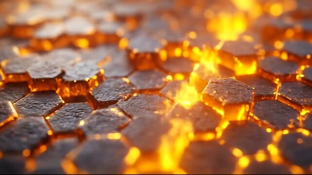 Close-up of glowing hexagonal patterns resembling molten lava texture