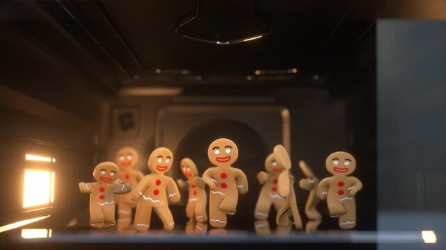 3D cartoon animation gingerbread men Cookies in the oven while they, in the meantime, dance. Merry christmas and Happy New Year background. 