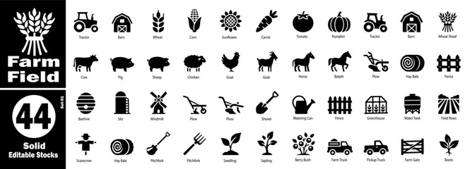 Solid farm field silhouettes set. Featuring tractor barn crops vector illustration. © Hafiz