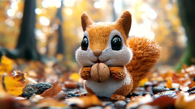 Adorable squirrel holding an acorn in a vibrant autumn forest setting