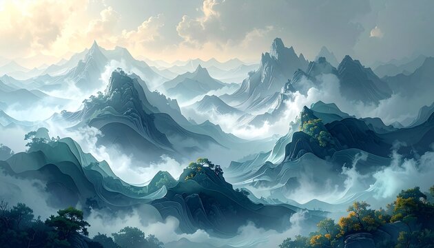 Misty mountain peaks with dramatic clouds and foggy landscape at sunrise nature scene