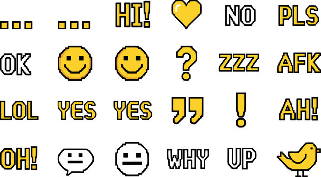 Pixel Art Chat Icon Set with Retro Gaming Style Emojis Text Slang and Speech Bubbles