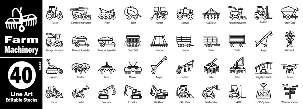 Farm machinery line art editable stocks set vector illustration.