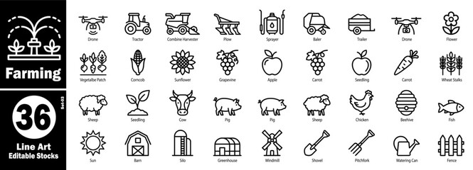 Farming icon set. Agricultural machinery, livestock, and crops vector illustration.